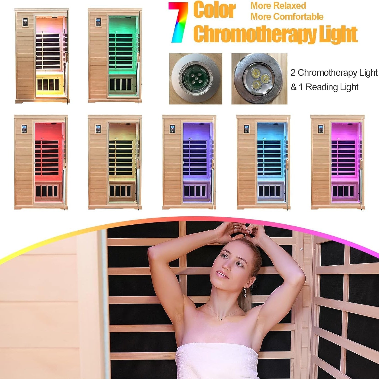 Low EMF Indoor Sauna, Infrared Sauna for Home, 2 Person Infrared Sauna, Canadian Hemlock, 9 Low EMF Heaters, 2 Chromotherapy Lights, 2 Bluetooth Speakers, 1 LED Reading Lamp, 1750W