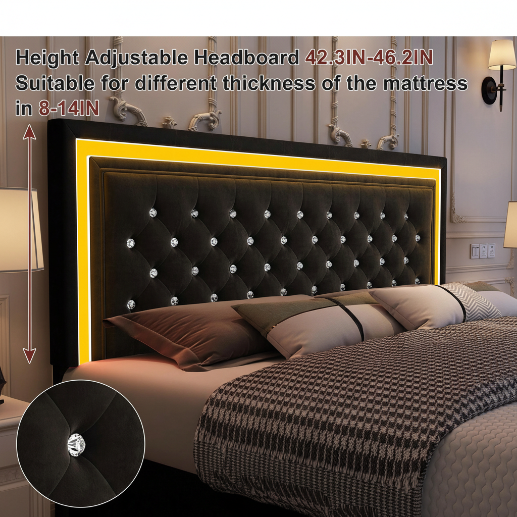 Queen LED Smart Bed Frame with 4 Storage Drawers Adjustable Headboard with Smart Control RGBW LED, Whisper-Quiet Design, Upholstered Bed Wood Slats Support, No Box Spring Needed, PU Black