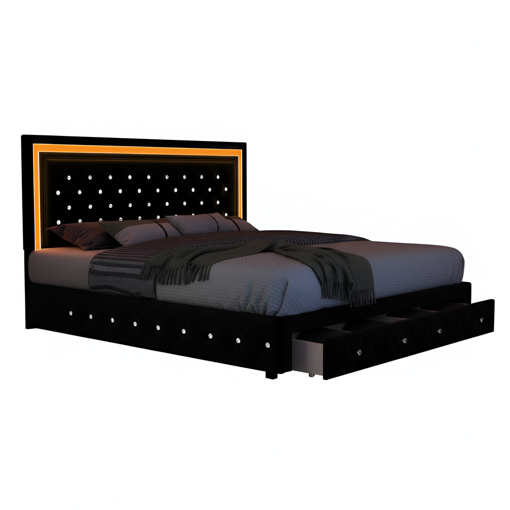 Queen LED Smart Bed Frame with 4 Storage Drawers Adjustable Headboard with Smart Control RGBW LED, Whisper-Quiet Design, Upholstered Bed Wood Slats Support, No Box Spring Needed, PU Black