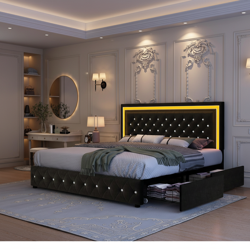 Queen LED Smart Bed Frame with 4 Storage Drawers Adjustable Headboard with Smart Control RGBW LED, Whisper-Quiet Design, Upholstered Bed Wood Slats Support, No Box Spring Needed, PU Black