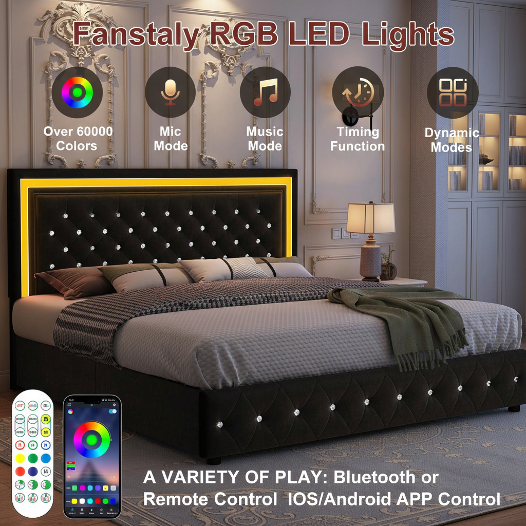 Queen LED Smart Bed Frame with 4 Storage Drawers Adjustable Headboard with Smart Control RGBW LED, Whisper-Quiet Design, Upholstered Bed Wood Slats Support, No Box Spring Needed, PU Black