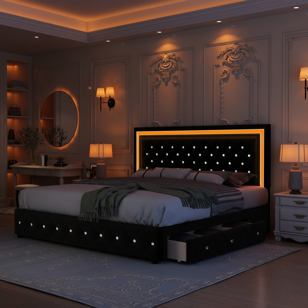 Queen LED Smart Bed Frame with 4 Storage Drawers Adjustable Headboard with Smart Control RGBW LED, Whisper-Quiet Design, Upholstered Bed Wood Slats Support, No Box Spring Needed, PU Black